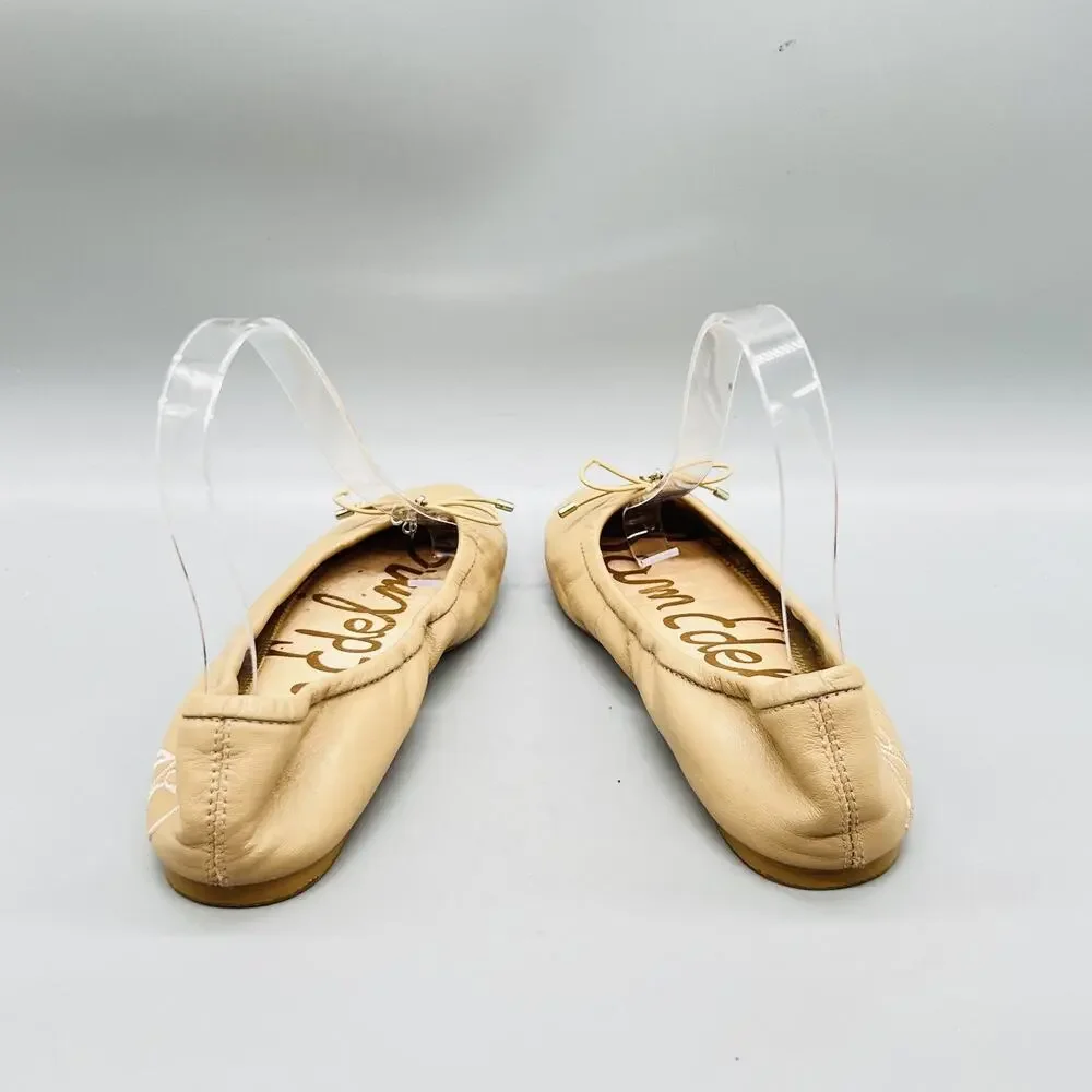 Sam Edelman Shoes Womens 6 Beige Leather Ballet Flats Bow Slip On Comfort Casual